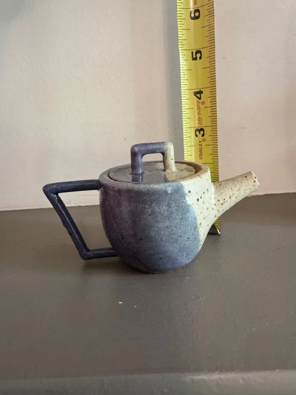 Handcrafted Ceramic Mini Teapot Earthy Blue Beige Unique Triangular Handle Potte